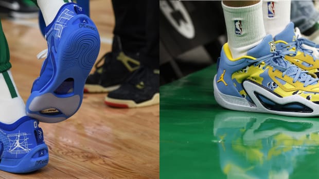 Side view of Jayson Tatum's blue and white Jordan Brand sneakers.